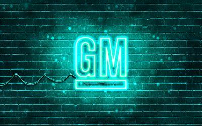 General Motors turquoise logo, 4k, turquoise brickwall, General Motors logo, cars brands, General Motors neon logo, General Motors