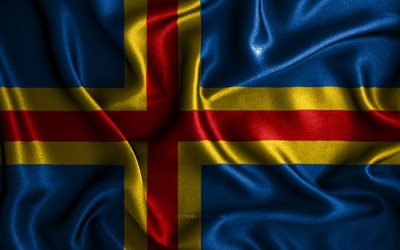 bandeira das ilhas aland, 4k, bandeiras onduladas de seda, regi&#245;es finlandesas, bandeiras de tecido, arte 3d, ilhas aland, regi&#245;es da finl&#226;ndia, bandeira 3d das ilhas aland, finl&#226;ndia