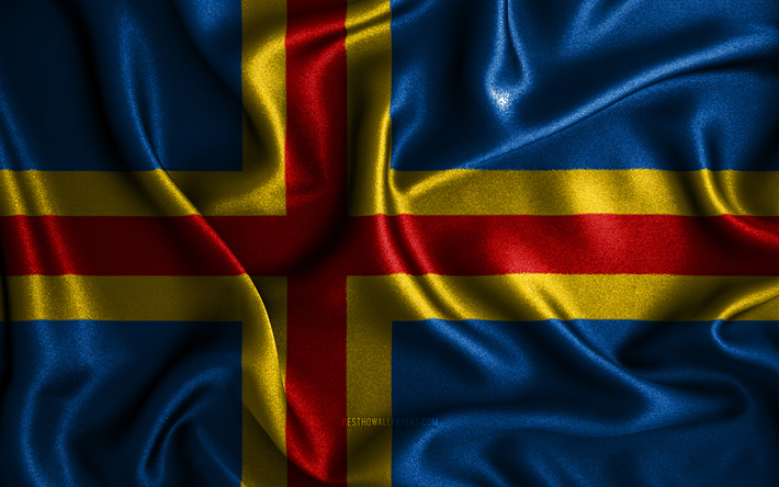 aland adaları bayrağı, 4k, ipek dalgalı bayraklar, finlandiya b&#246;lgeleri, kumaş bayraklar, 3d sanat, aland adaları, aland adaları 3d bayrağı, finlandiya