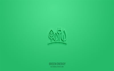 أيقونة الطاقة الخضراء ثلاثية الأبعاد, خلفية خضراء, رموز ثلاثية الأبعاد, الطاقة الخضراء, أيقونات البيئة, الرموز ثلاثية الأبعاد, علامة الطاقة الخضراء, الرموز 3d الإيكولوجية