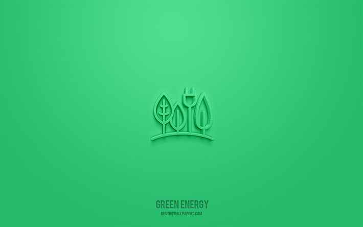yeşil enerji 3d simgesi, yeşil arka plan, 3d semboller, yeşil enerji, ekoloji simgeleri, 3d simgeler, yeşil enerji işareti, ekoloji 3d simgeleri