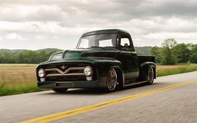 4k, Ford F-100, 1956, front view, exterior, black pickup truck, retro cars, F-100 tuning, american vintage cars, Ford