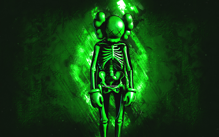 fortnite green kaws skeleton skin, fortnite, personaggi principali, sfondo di pietra verde, scheletro kaws verde, skin fortnite, skin scheletro kaws verde, scheletro kaws verde fortnite, personaggi di fortnite
