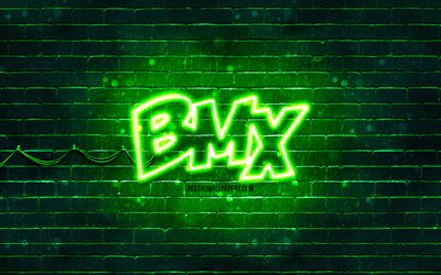 BMX green logo, 4k, green brickwall, BMX logo, brands, BMX neon logo, BMX