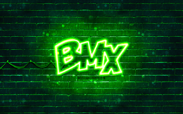 logotipo verde bmx, 4k, pared de ladrillo verde, logotipo bmx, marcas, logotipo de ne&#243;n bmx, bmx