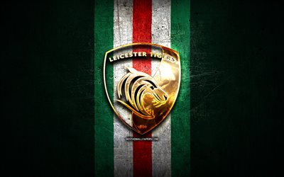 Leicester Tigers, golden logo, Premiership Rugby, green metal background, english rugby club, Leicester Tigers logo, rugby