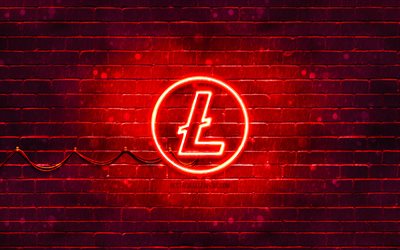 logo rouge litecoin, 4k, brickwall rouge, logo litecoin, crypto-monnaie, logo n&#233;on litecoin, litecoin