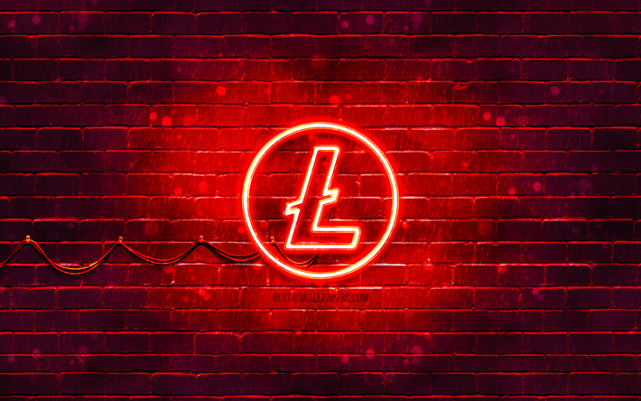 logotipo vermelho litecoin, 4k, parede de tijolos vermelhos, logotipo litecoin, criptomoeda, logotipo neon litecoin, litecoin