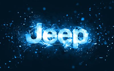jeep mavi logo, 4k, mavi neon ışıklar, yaratıcı, mavi soyut arka plan, jeep logosu, araba markaları, jeep
