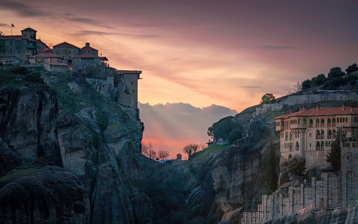 Meteora, evening, sunset, monasteries on the rocks, Eastern Orthodox monasteries, Greece