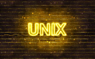 logo jaune unix, 4k, mur de briques jaune, logo unix, syst&#232;mes d’exploitation, logo n&#233;on unix, unix