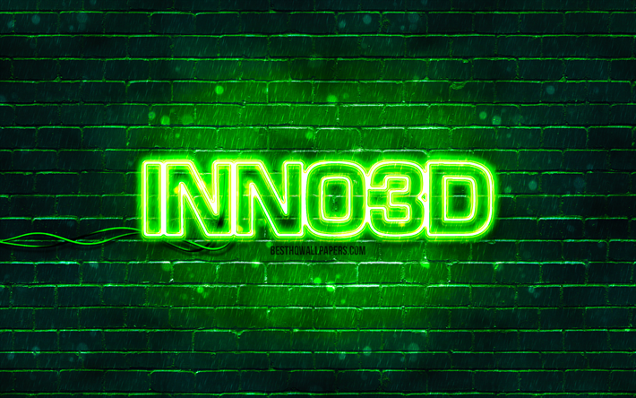 Inno3D green logo, 4k, green brickwall, Inno3D logo, brands, Inno3D neon logo, Inno3D