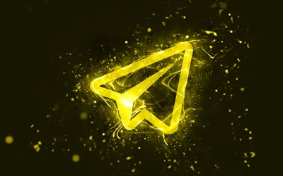 logo giallo telegram, 4k, luci al neon gialle, creativo, sfondo astratto giallo, logo telegram, social network, telegram