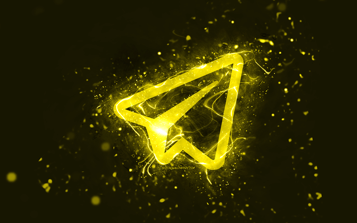 telegram gul logotyp, 4k, gula neonljus, kreativ, gul abstrakt bakgrund, telegram-logotyp, socialt n&#228;tverk, telegram