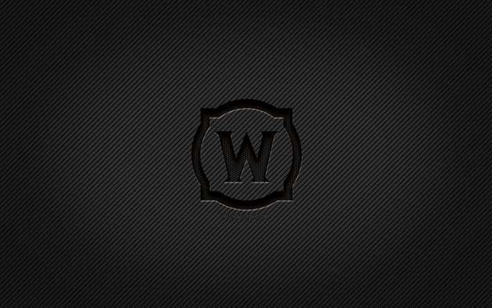 logotipo de carbono world of warcraft, 4k, arte grunge, wow, fundo de carbono, criativo, logotipo preto world of warcraft, marcas de jogos, logotipo wow, logotipo world of warcraft, world of warcraft
