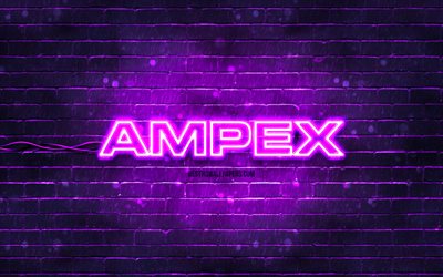 Ampex violet logo, 4k, violet brickwall, Ampex logo, brands, Ampex neon logo, Ampex