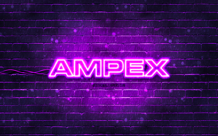 ampex violetti logo, 4k, violetti brickwall, ampex-logo, tuotemerkit, ampex neon logo, ampex
