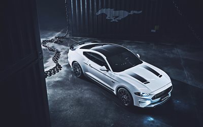 Ford Mustang, 4k, port, 2022 cars, supercars, White Ford Mustang, 2022 Ford Mustang, american cars, Ford