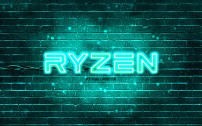 AMD Ryzen turquoise logo, 4k, turquoise brickwall, AMD Ryzen logo, brands, AMD Ryzen neon logo, AMD Ryzen