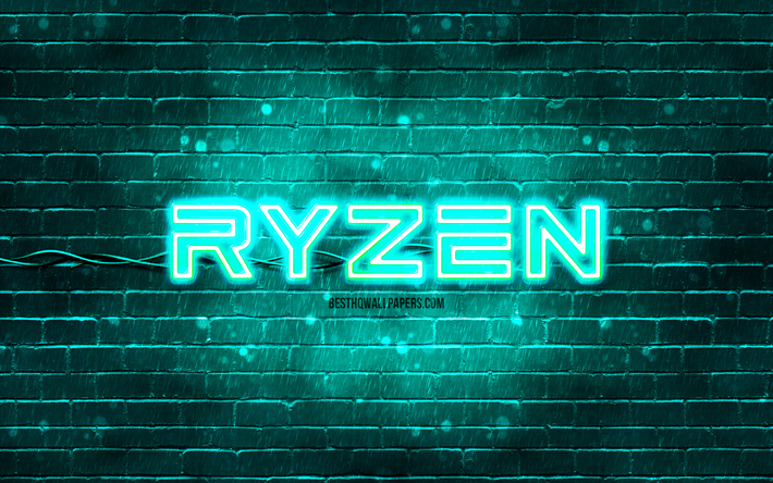 AMD Ryzen turquoise logo, 4k, turquoise brickwall, AMD Ryzen logo, brands, AMD Ryzen neon logo, AMD Ryzen