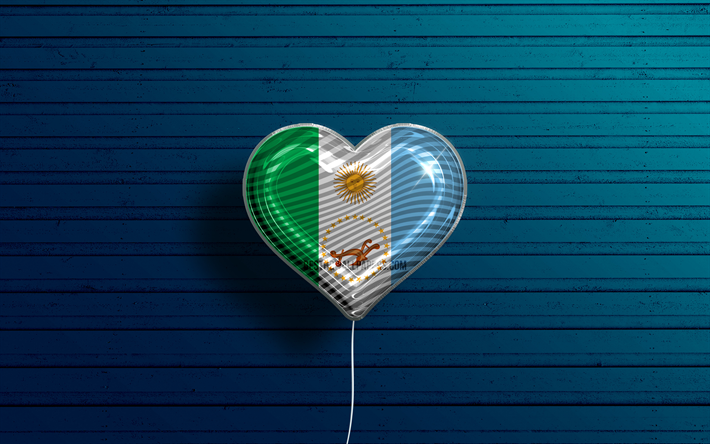 アイ ラブ チャコ, 4k, 現実的な風船, 青い木製の背景, チャコの日, アルゼンチンの州, チャコの旗, アルゼンチン, 旗付きバルーン, アルゼンチンの行政区, チャコフラッグ, チャコ