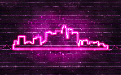 Los Angeles purple neon silhouette, 4k, purple neon lights, Los Angeles skyline silhouette, purple brickwall, american cities, neon skyline silhouettes, USA, Los Angeles silhouette, Los Angeles