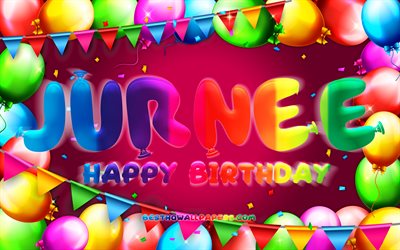 joyeux anniversaire jurnee, 4k, cadre de ballon color&#233;, nom jurnee, fond violet, jurnee joyeux anniversaire, jurnee anniversaire, noms f&#233;minins am&#233;ricains populaires, concept d’anniversaire, jurnee