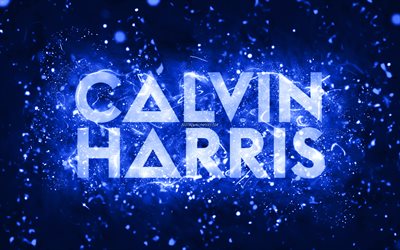 カルビン・ハリス ダークブルーロゴ, 4k, スコットランドのdj, ダークブルーネオンライト, 創造的な, ダークブルーの抽象的な背景, アダム・リチャード・ワイルズ, カルビン・ハリスのロゴ, 音楽スター, カルビン・ハリス