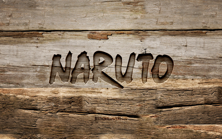 Naruto wooden logo, 4K, wooden backgrounds, manga, Naruto logo, creative, wood carving, Naruto