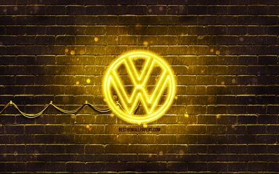 Volkswagen yellow logo, yellow brickwall, 4k, Volkswagen new logo, cars brands, VW logo, Volkswagen neon logo, Volkswagen 2021 logo, Volkswagen logo, Volkswagen