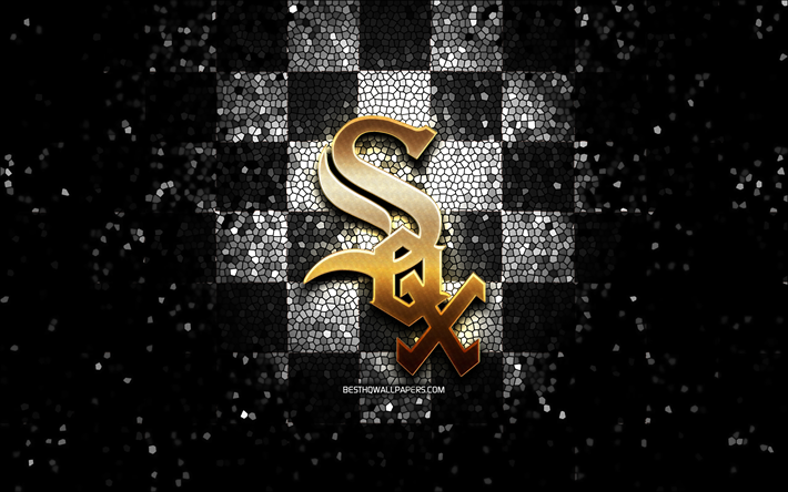 Chicago White Sox emblem, glitter logo, MLB, white black checkered background, american baseball team, Major League Baseball, mosaic art, baseball, Chicago White Sox