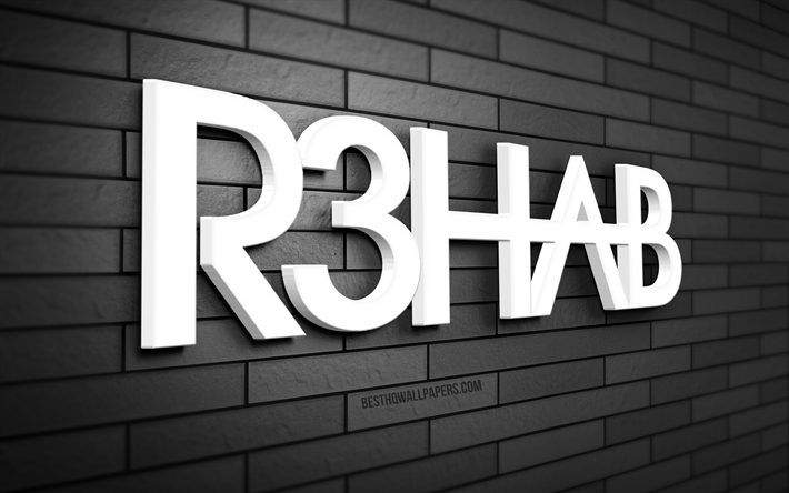 logo r3hab 3d, 4k, fadil el ghoul, muro di mattoni grigio, creativo, stelle della musica, logo r3hab, dj olandesi, arte 3d, r3hab