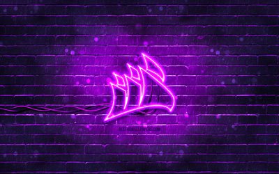 logo violet corsair, 4k, mur de briques violettes, logo corsair, marques, logo n&#233;on corsair, corsair