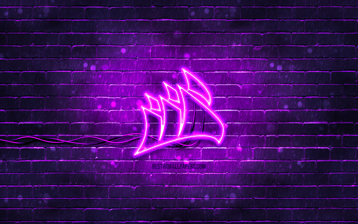 Corsair violet logo, 4k, violet brickwall, Corsair logo, brands, Corsair neon logo, Corsair