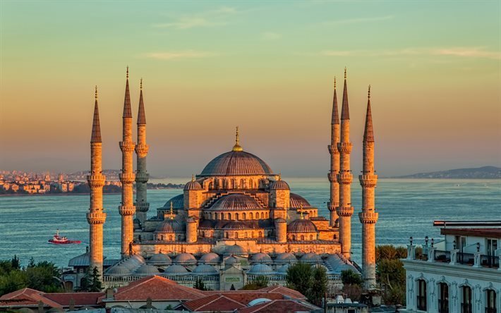 イスタンブール, ブルーモスクがあります。, 夕日, トルコ, アフメット
