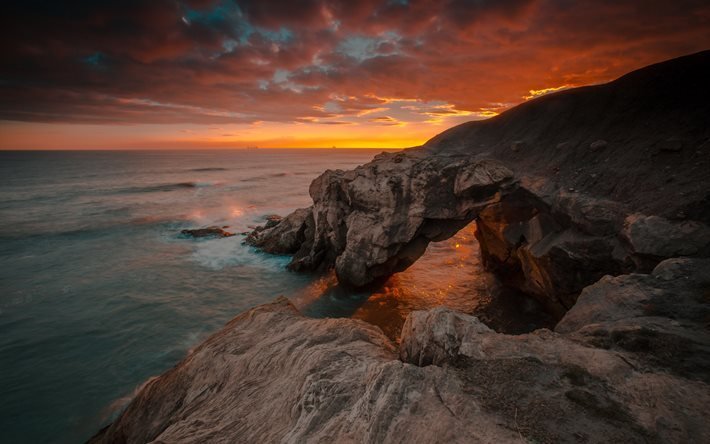 Northumberland, costa, arco, mar, nascer do sol, rochas, Reino UNIDO, Inglaterra