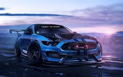 Ford Mustant, art, tuning, supercars, blue Mustant, Ford