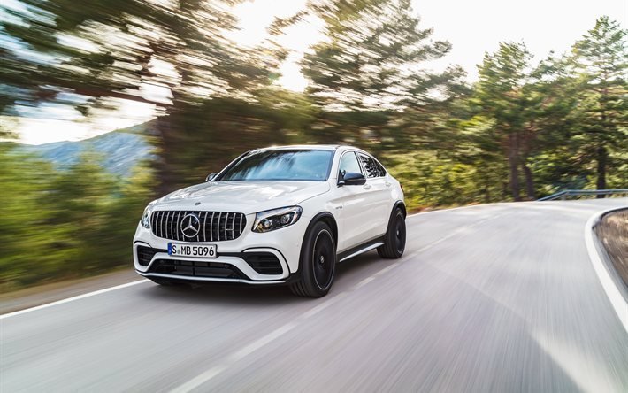 Mercedes-Benz GLC63 S AMG, 2018 cars, motion blur, road, white GLC-class, Mercedes
