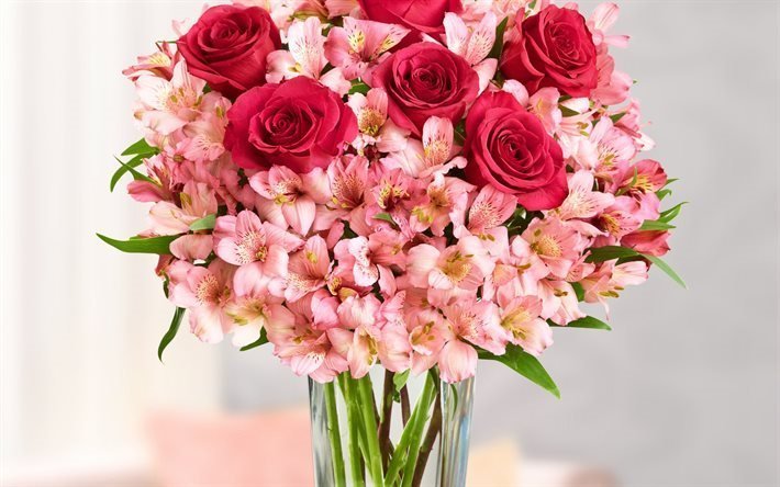 Rosas, lindo buqu&#234;, rosas vermelhas, alstroemeria
