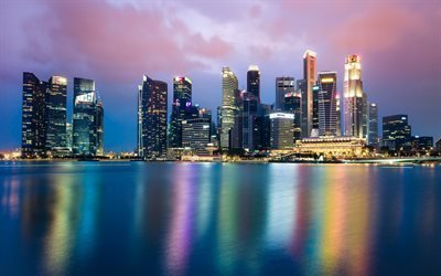 Singapore, nattliga, skyline, skyskrapor, Asien