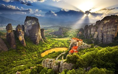 Meteora, mountains, greek landmarks, summer, Greece, Europe