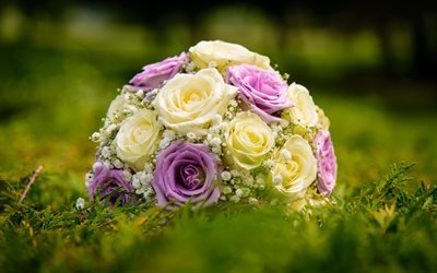 wedding bouquet, purple roses, yellow roses, bridal bouquet, yellow purple bouquet, green grass, wedding concepts