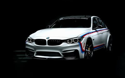 4k, BMW M3, karanlık, F80, ayarlama, 2018 araba, beyaz m3, Alman otomobil, BMW