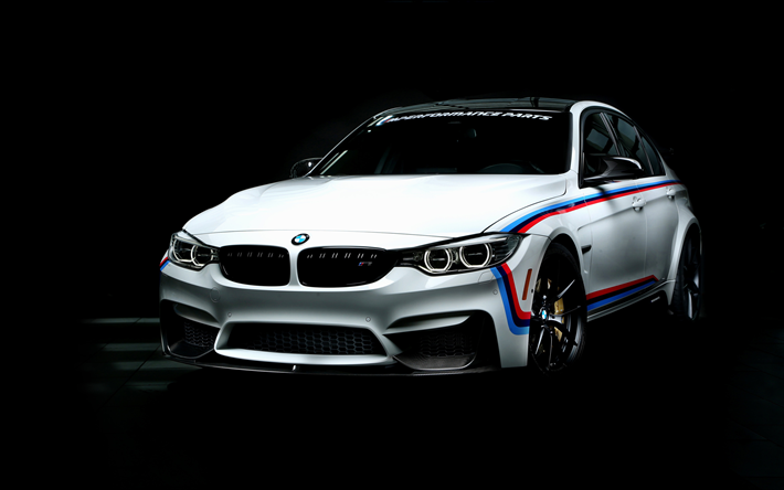 4k, BMW M3, de l&#39;obscurit&#233;, F80, tuning, 2018 voitures, blanc m3, voitures allemandes, BMW