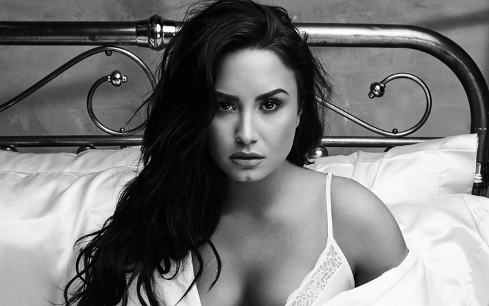 Demi Lovato, 4k, a atriz norte-americana, beleza, Hollywood, monocrom&#225;tico