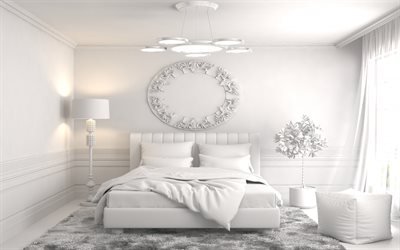 完全に白いイベッドルーム, 白いベッド, お洒落なクラシカルな内装, モダンなインテリアデザイン, ベッドルーム
