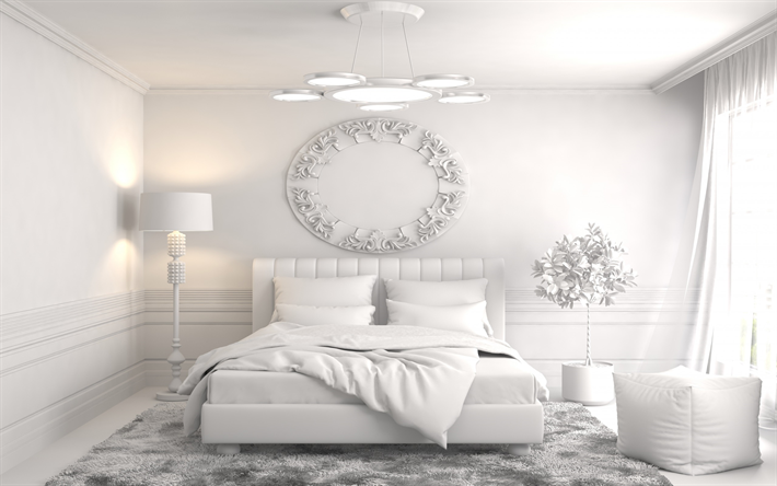 helt vita eleganta rum, vit s&#228;ng, snygg klassisk inredning, modern interior design, sovrum