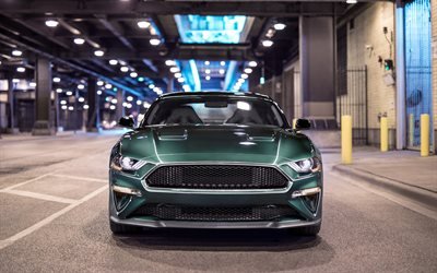 Ford Mustang, 2018, Bullitt, dış cephe, &#246;nden g&#246;r&#252;n&#252;m, yeşil spor coupe, Amerikan arabaları, yeni yeşil Mustang, Ford