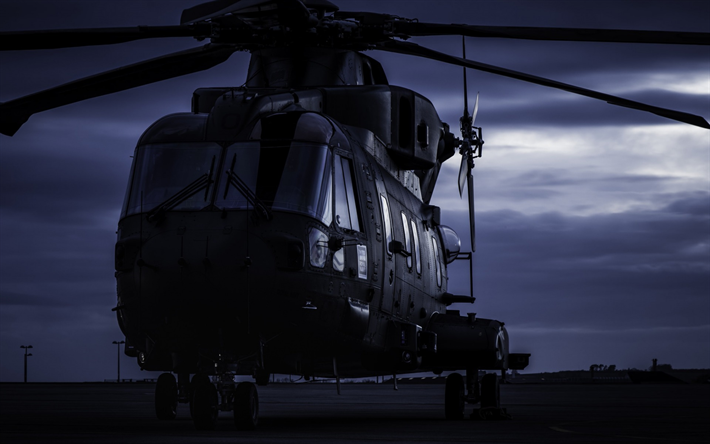 AgustaWestland AW101 Merlin, military cargo helicopter, night, military airfield, US Air Force, US helicopters