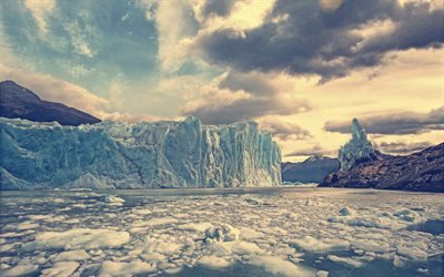glacier, blocks of ice, mountain landscape, rocks, Argentino Lake, Perito Moreno Glacier, Argentina, Los Glaciares National Park, Patagonia
